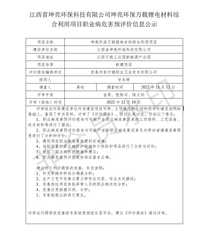 江西省坤亮環(huán)?？萍加邢薰纠ち镰h(huán)保萬載鋰電材料綜合利用項目職業(yè)病危害預(yù)評價信息公示.jpg