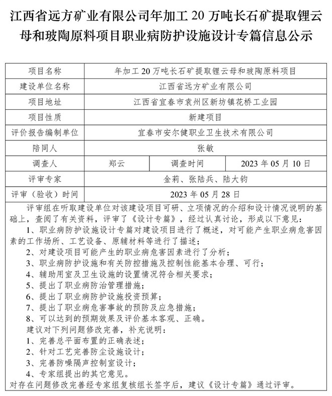 1685425659508903.jpg (設計專篇信息公示)江西省遠方礦業(yè)有限公司年加工20萬噸長石礦提取鋰云母和玻陶原料項目職業(yè)病防護設施.jpg